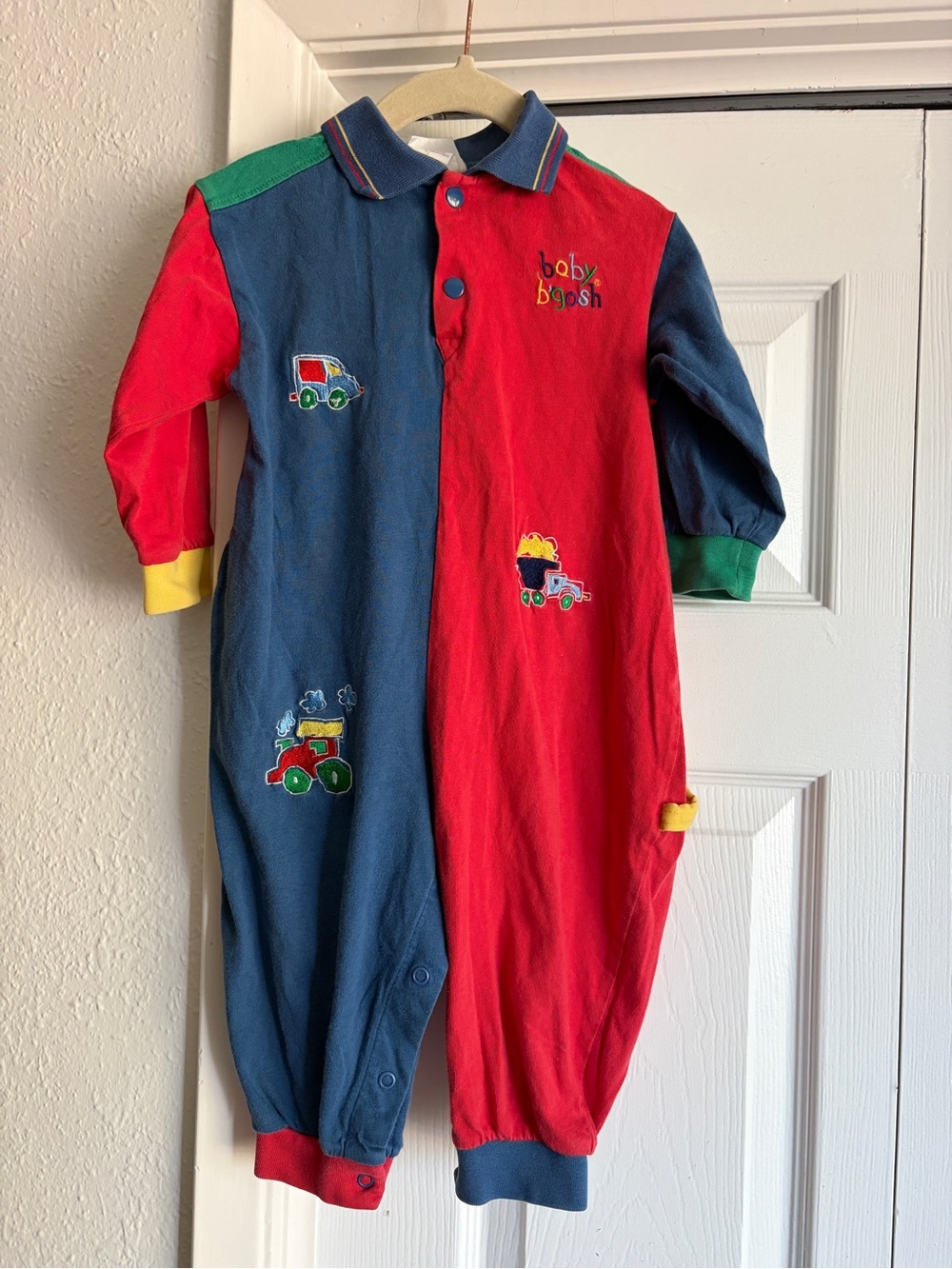 VINTAGE 90s Osh Kosh Baby B’Gosh primary colors color block cars jumpsuit romper